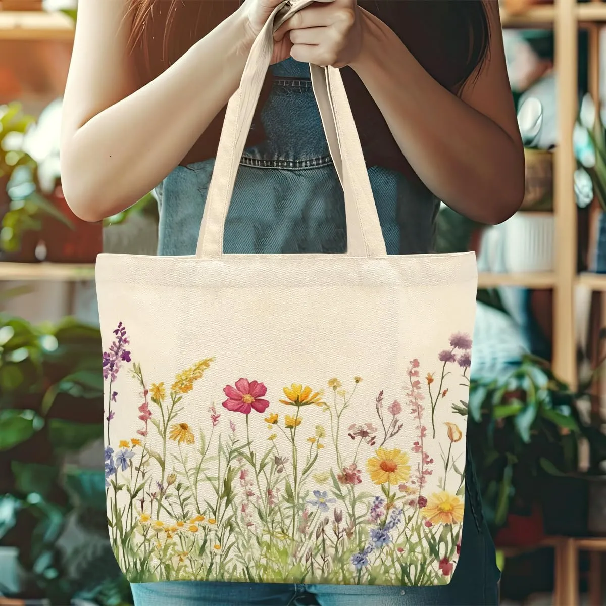 Aesthetic Floral Canvas Tote Bag for Women with Pocket, Tote Bags for Grocery Shopping Travel Christmas Birthday