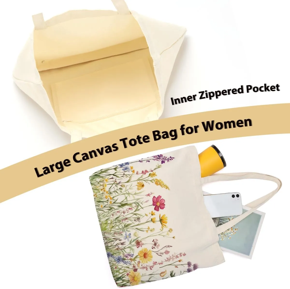 Aesthetic Floral Canvas Tote Bag for Women with Pocket, Tote Bags for Grocery Shopping Travel Christmas Birthday