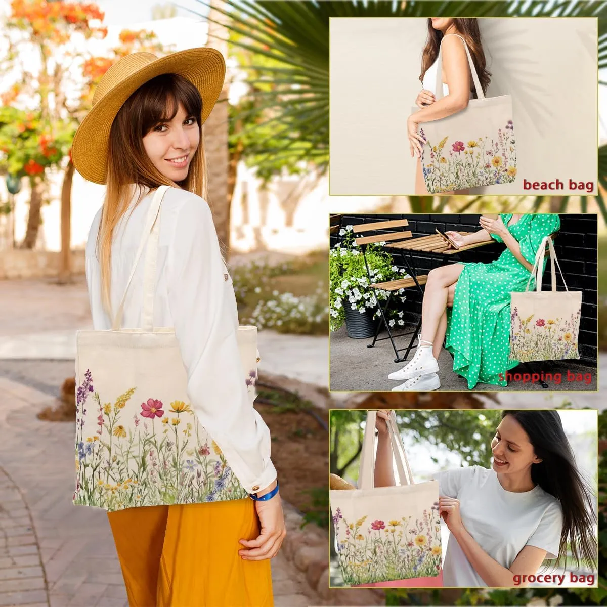 Aesthetic Floral Canvas Tote Bag for Women with Pocket, Tote Bags for Grocery Shopping Travel Christmas Birthday