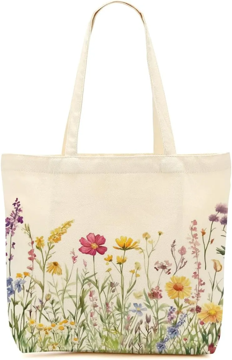 Aesthetic Floral Canvas Tote Bag for Women with Pocket, Tote Bags for Grocery Shopping Travel Christmas Birthday