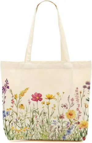 Aesthetic Floral Canvas Tote Bag for Women with Pocket, Tote Bags for Grocery Shopping Travel Christmas Birthday