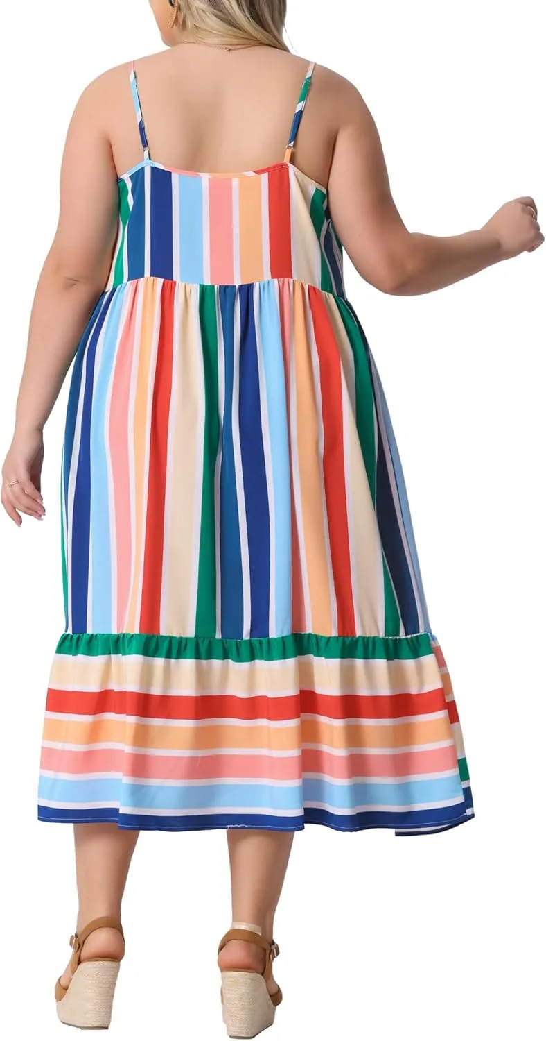 Agnes Orinda Plus Size Dress for Women Casual Sleeveless Bohemian Adjustable Straps Striped Summer Cami Dresses