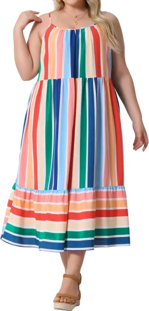 Agnes Orinda Plus Size Dress for Women Casual Sleeveless Bohemian Adjustable Straps Striped Summer Cami Dresses