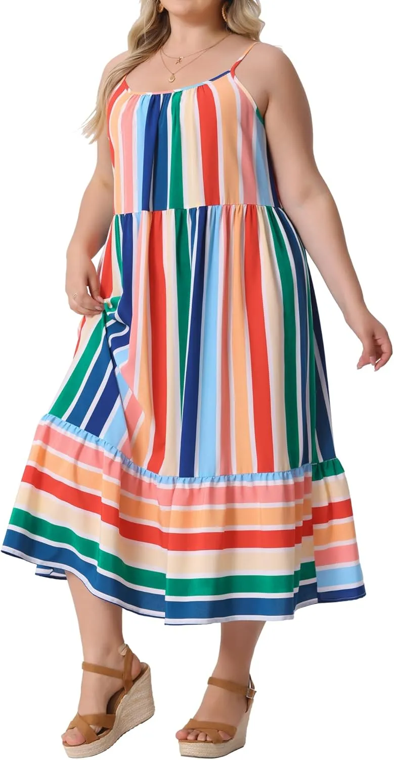 Agnes Orinda Plus Size Dress for Women Casual Sleeveless Bohemian Adjustable Straps Striped Summer Cami Dresses