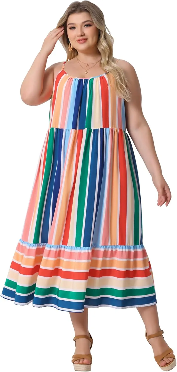 Agnes Orinda Plus Size Dress for Women Casual Sleeveless Bohemian Adjustable Straps Striped Summer Cami Dresses
