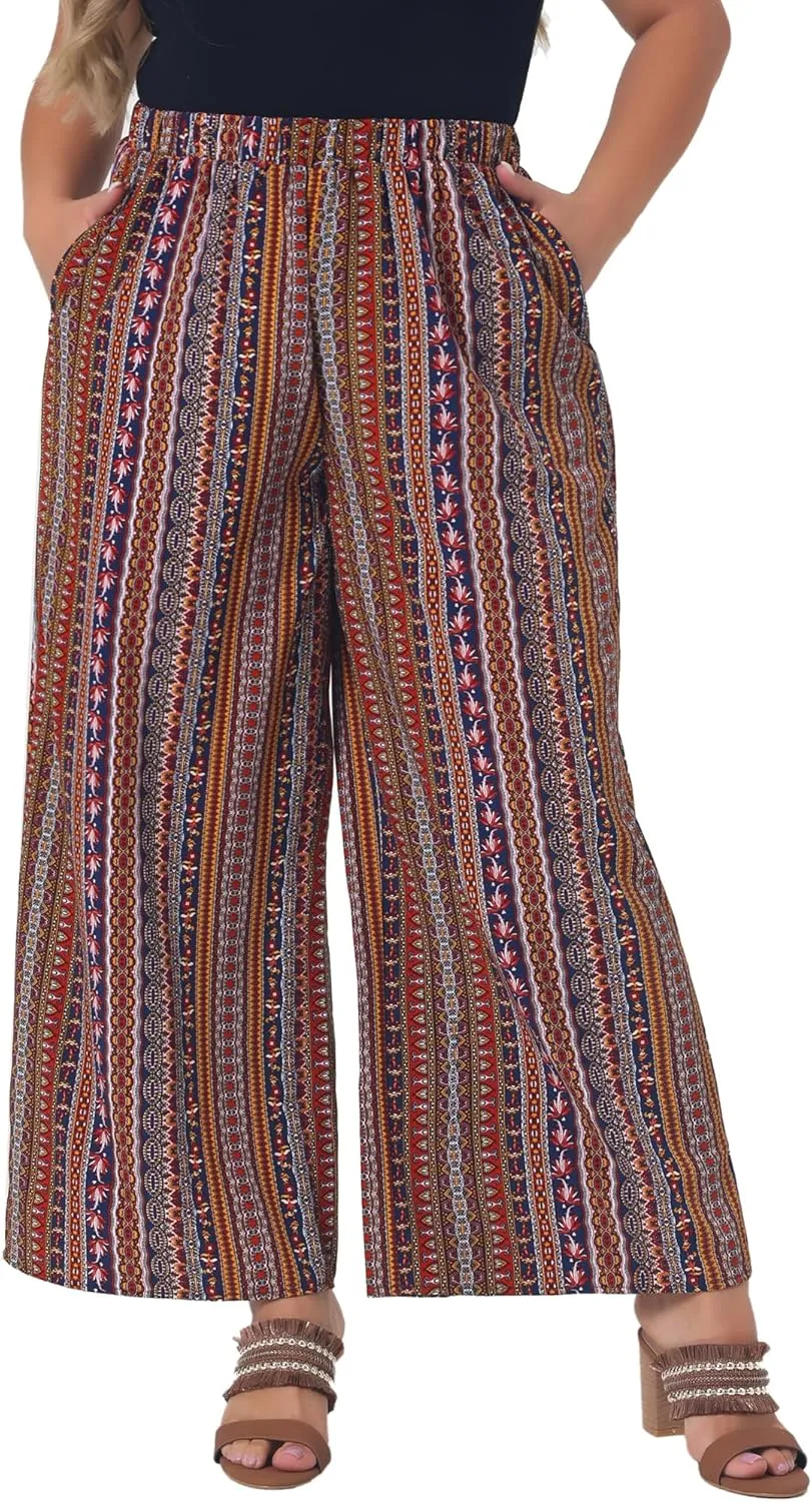 Agnes Orinda Plus Size Palazzo Pants for Women Stripe Boho Wide Leg Paper Bag Pants Beach Casual Summer