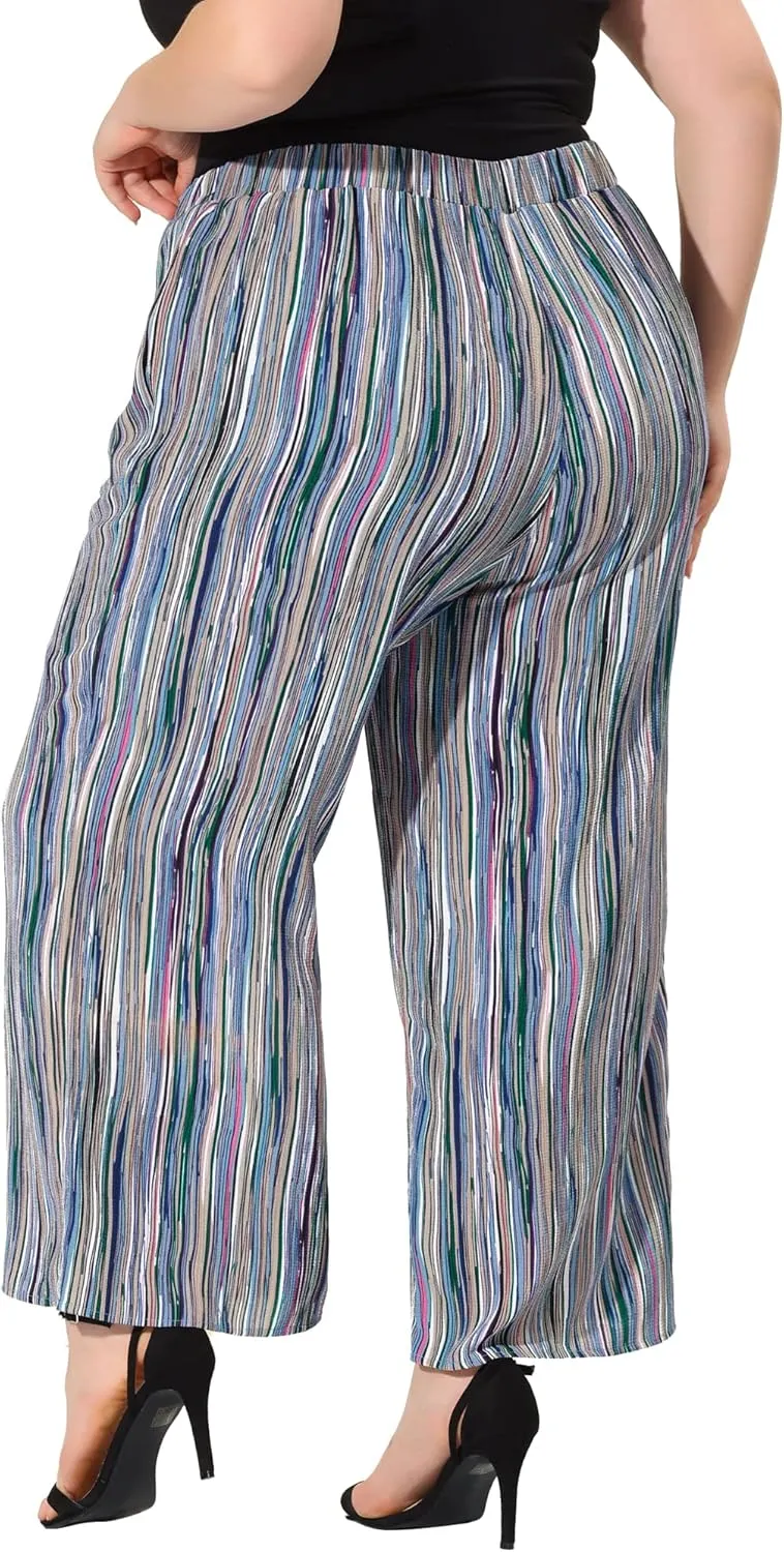 Agnes Orinda Plus Size Palazzo Pants for Women Stripe Boho Wide Leg Paper Bag Pants Beach Casual Summer