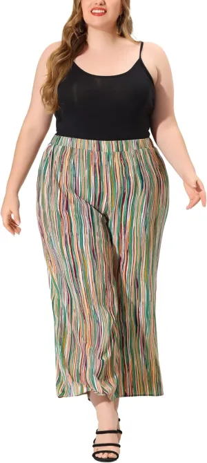Agnes Orinda Plus Size Palazzo Pants for Women Stripe Boho Wide Leg Paper Bag Pants Beach Casual Summer