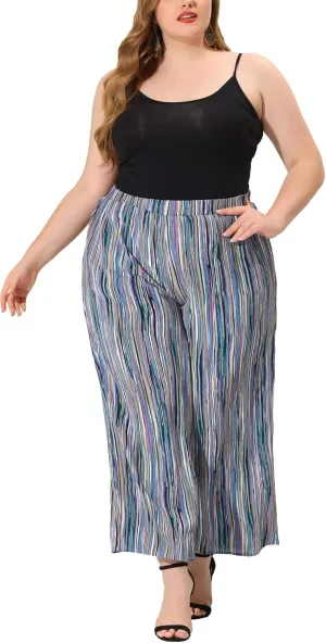 Agnes Orinda Plus Size Palazzo Pants for Women Stripe Boho Wide Leg Paper Bag Pants Beach Casual Summer
