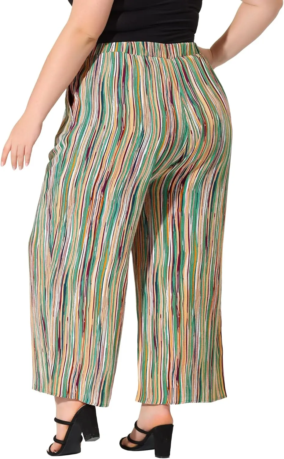 Agnes Orinda Plus Size Palazzo Pants for Women Stripe Boho Wide Leg Paper Bag Pants Beach Casual Summer