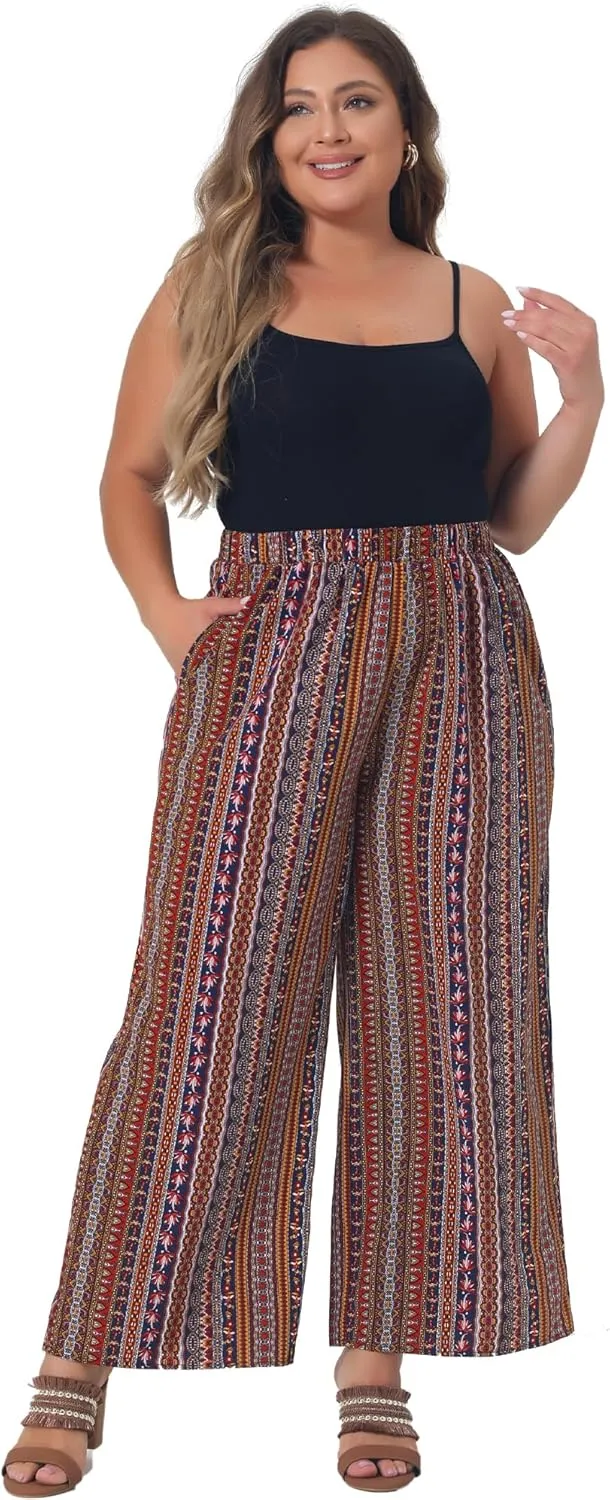 Agnes Orinda Plus Size Palazzo Pants for Women Stripe Boho Wide Leg Paper Bag Pants Beach Casual Summer