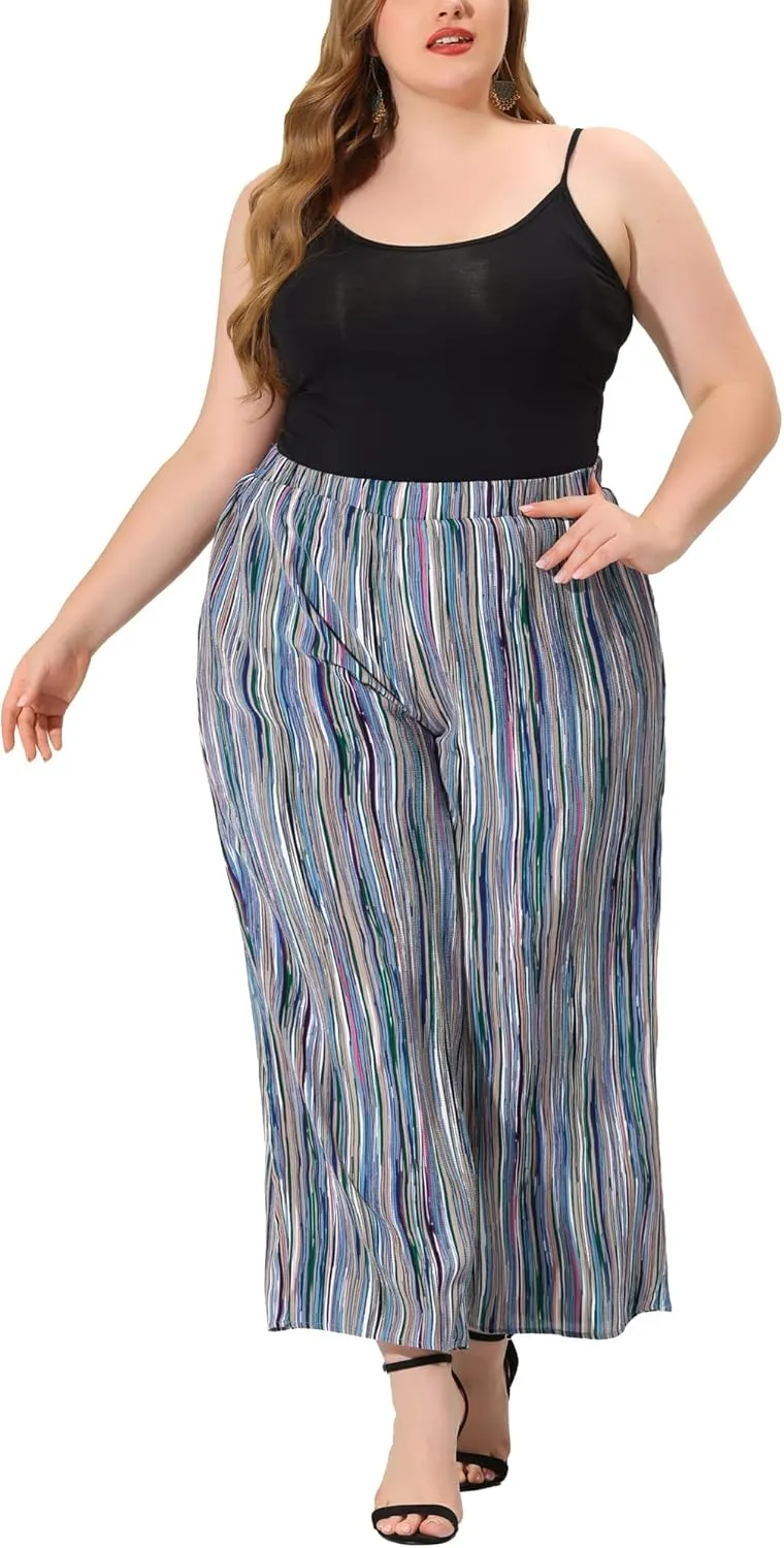 Agnes Orinda Plus Size Palazzo Pants for Women Stripe Boho Wide Leg Paper Bag Pants Beach Casual Summer