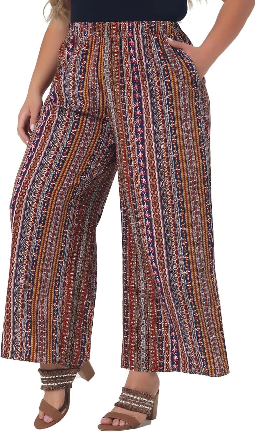 Agnes Orinda Plus Size Palazzo Pants for Women Stripe Boho Wide Leg Paper Bag Pants Beach Casual Summer