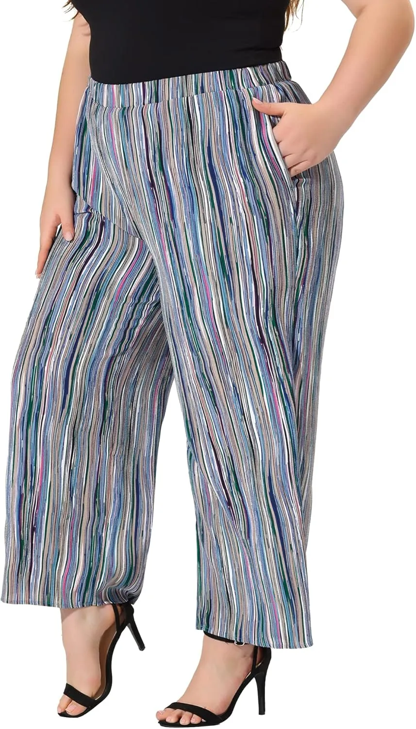 Agnes Orinda Plus Size Palazzo Pants for Women Stripe Boho Wide Leg Paper Bag Pants Beach Casual Summer