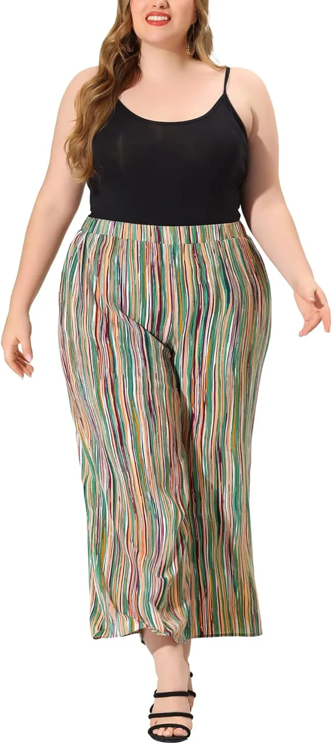 Agnes Orinda Plus Size Palazzo Pants for Women Stripe Boho Wide Leg Paper Bag Pants Beach Casual Summer