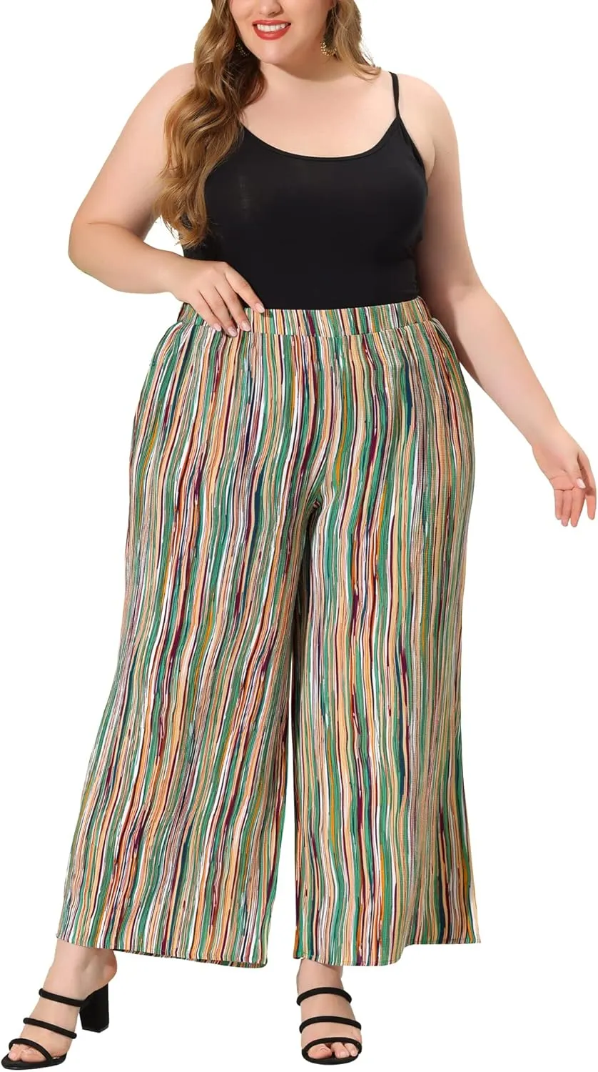 Agnes Orinda Plus Size Palazzo Pants for Women Stripe Boho Wide Leg Paper Bag Pants Beach Casual Summer