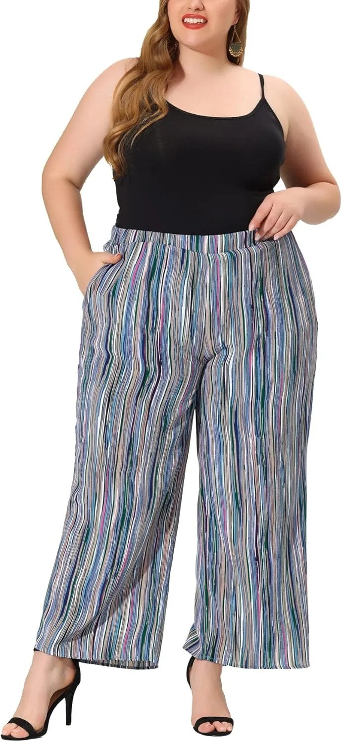 Agnes Orinda Plus Size Palazzo Pants for Women Stripe Boho Wide Leg Paper Bag Pants Beach Casual Summer