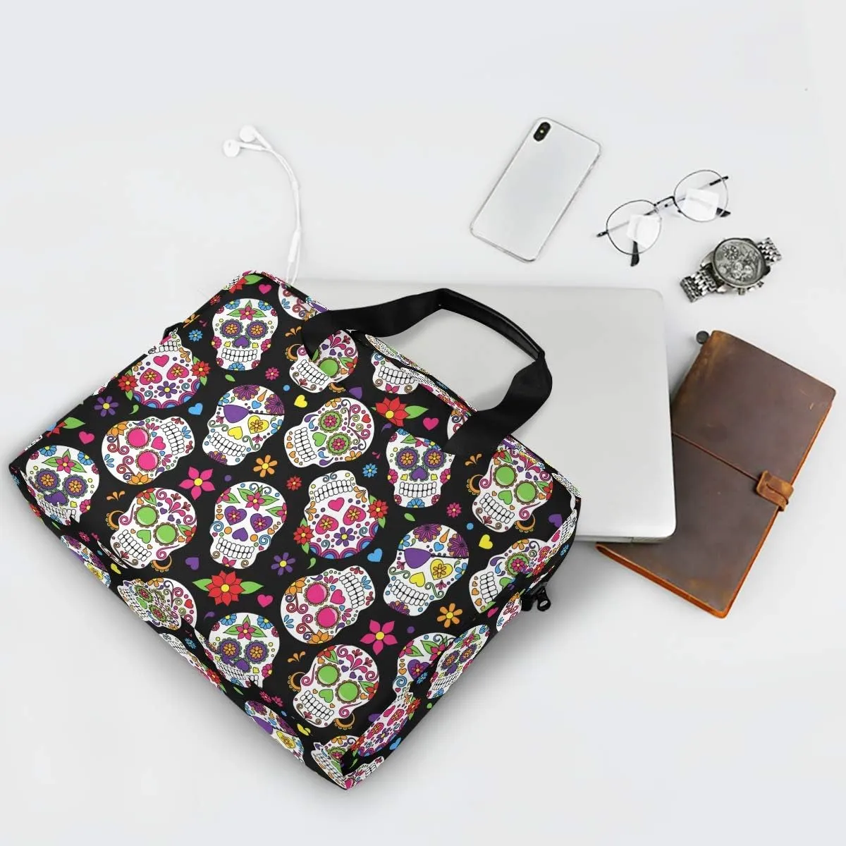 ALAZA Day of The Dead Sugar Skull Halloween Laptop Case Bag Sleeve Portable Crossbody Messenger Briefcase w/Strap Handle, 13 14 15.6 inch