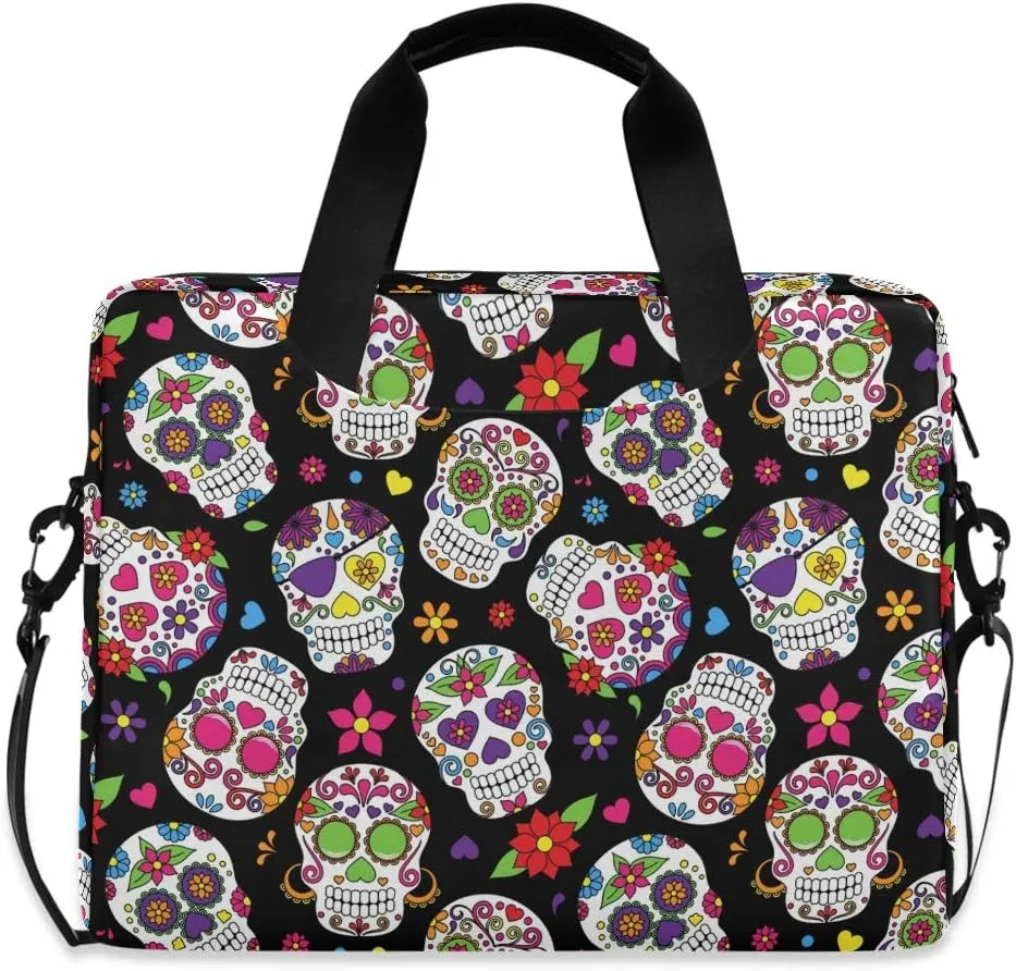 ALAZA Day of The Dead Sugar Skull Halloween Laptop Case Bag Sleeve Portable Crossbody Messenger Briefcase w/Strap Handle, 13 14 15.6 inch