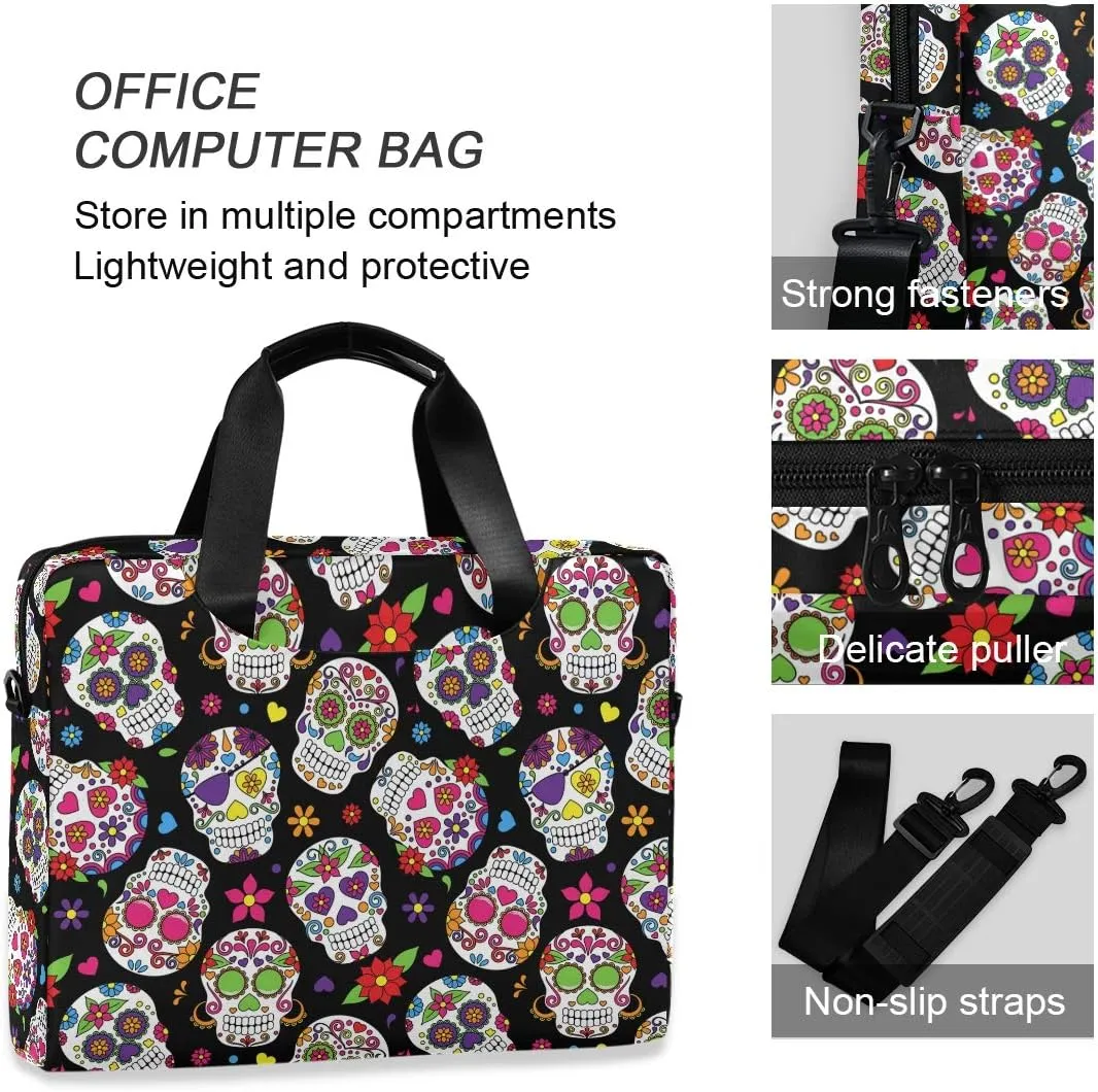 ALAZA Day of The Dead Sugar Skull Halloween Laptop Case Bag Sleeve Portable Crossbody Messenger Briefcase w/Strap Handle, 13 14 15.6 inch