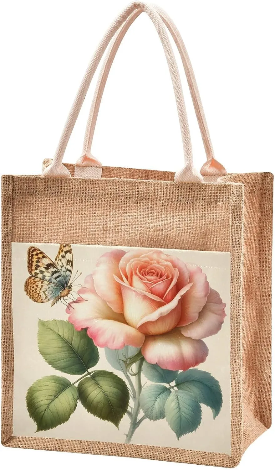 ALAZA European Rose Flower Butterfly Jute Tote Bags Women Grocery Shopping Bags with Handles for Outdoor Travel