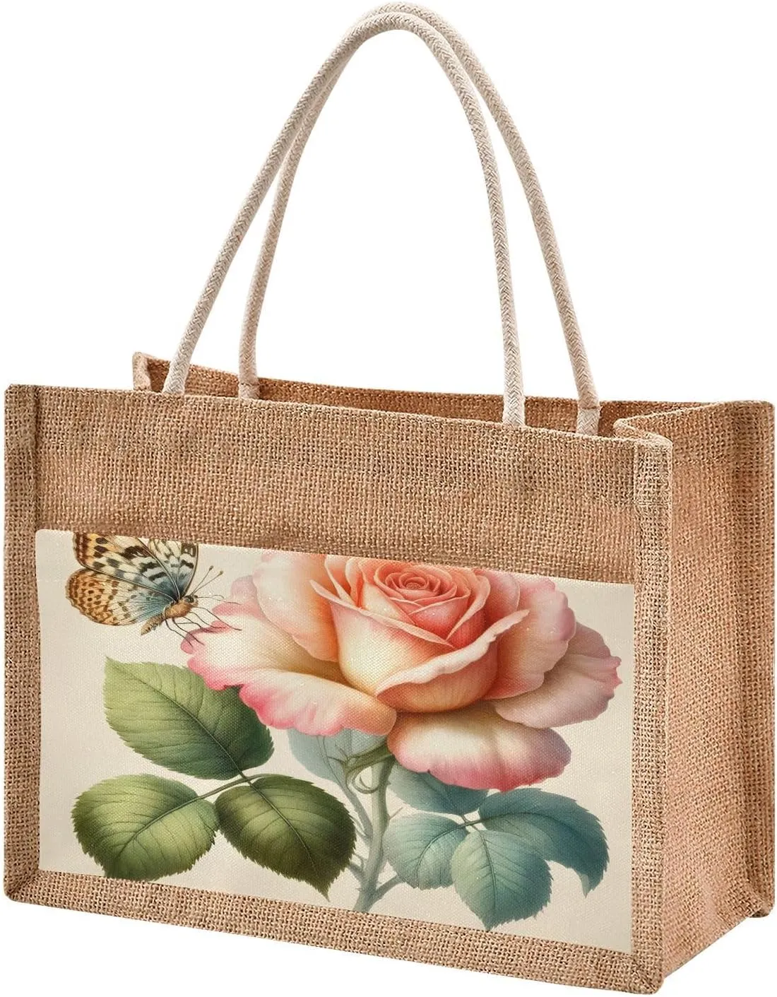 ALAZA European Rose Flower Butterfly Jute Tote Bags Women Grocery Shopping Bags with Handles for Outdoor Travel