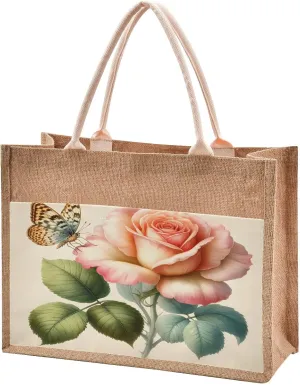 ALAZA European Rose Flower Butterfly Jute Tote Bags Women Grocery Shopping Bags with Handles for Outdoor Travel