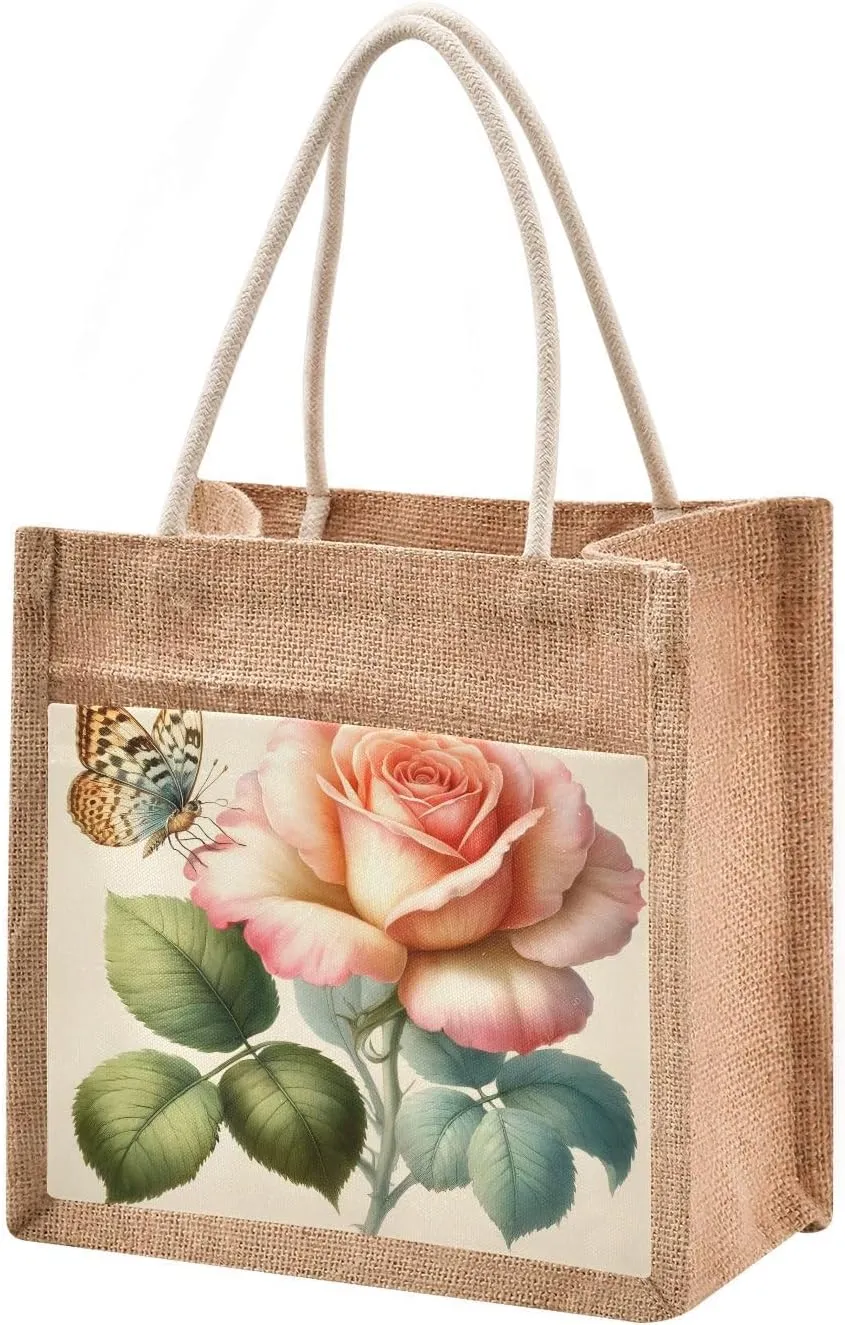 ALAZA European Rose Flower Butterfly Jute Tote Bags Women Grocery Shopping Bags with Handles for Outdoor Travel