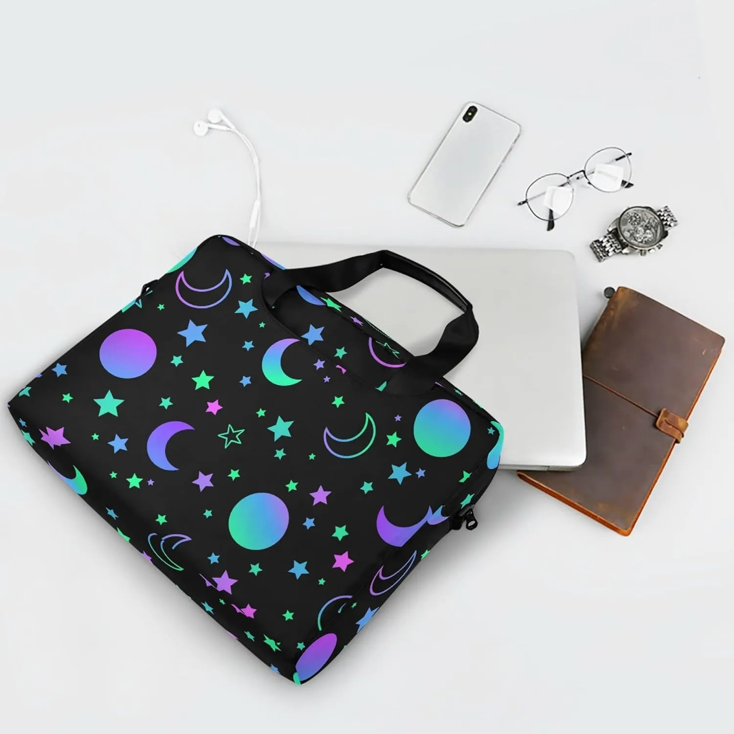 ALAZA Neon Rainbow Sun Moon Stars Laptop Case Bag Sleeve Portable Crossbody Messenger Briefcase w/Strap Handle, 13 14 15.6 inch