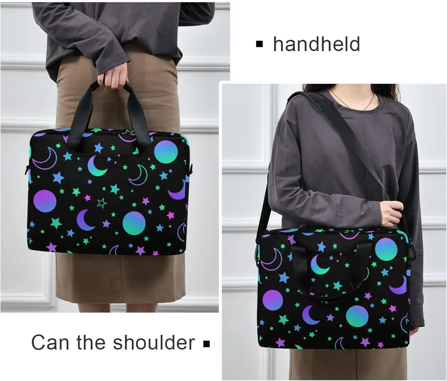 ALAZA Neon Rainbow Sun Moon Stars Laptop Case Bag Sleeve Portable Crossbody Messenger Briefcase w/Strap Handle, 13 14 15.6 inch