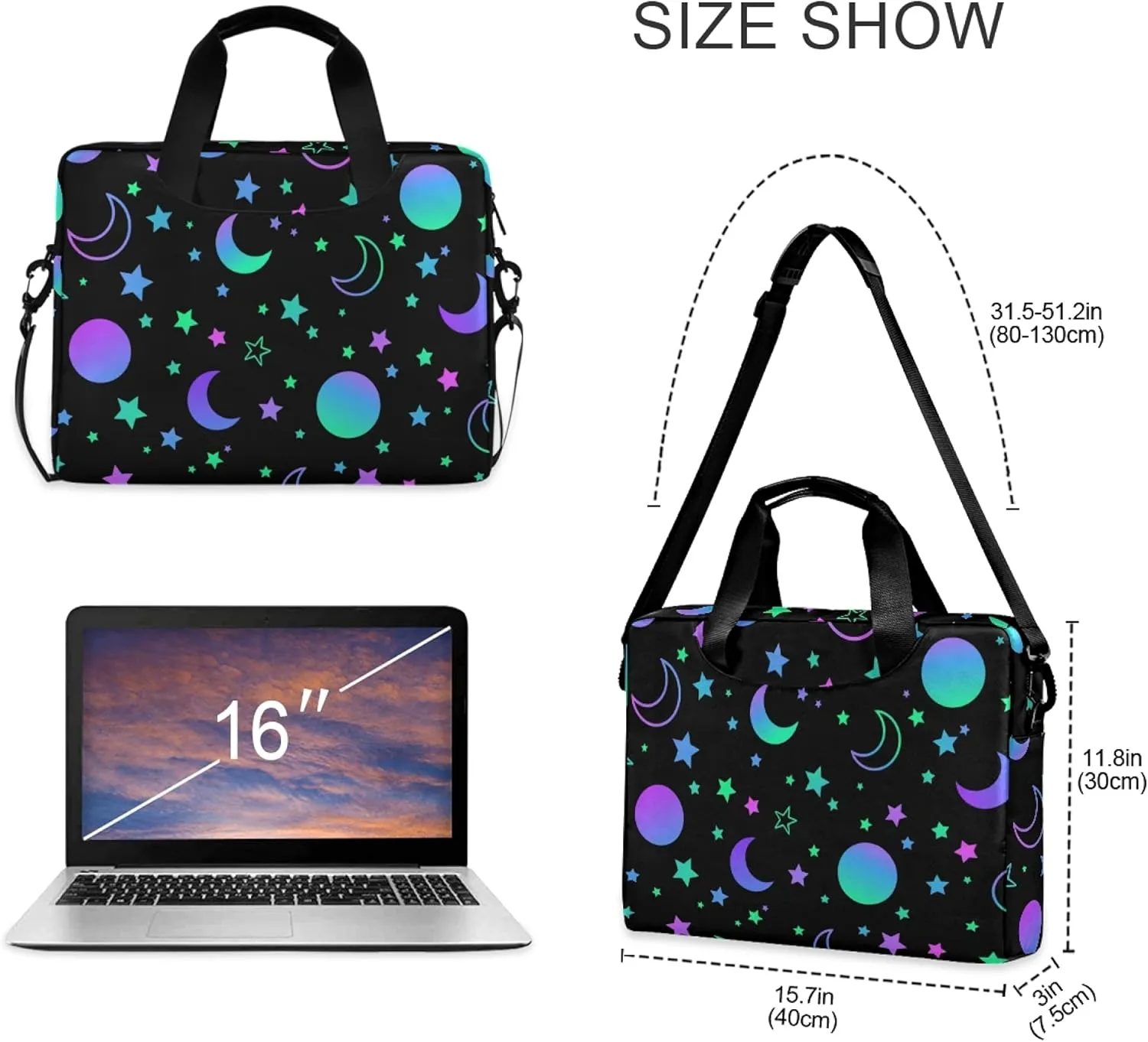ALAZA Neon Rainbow Sun Moon Stars Laptop Case Bag Sleeve Portable Crossbody Messenger Briefcase w/Strap Handle, 13 14 15.6 inch
