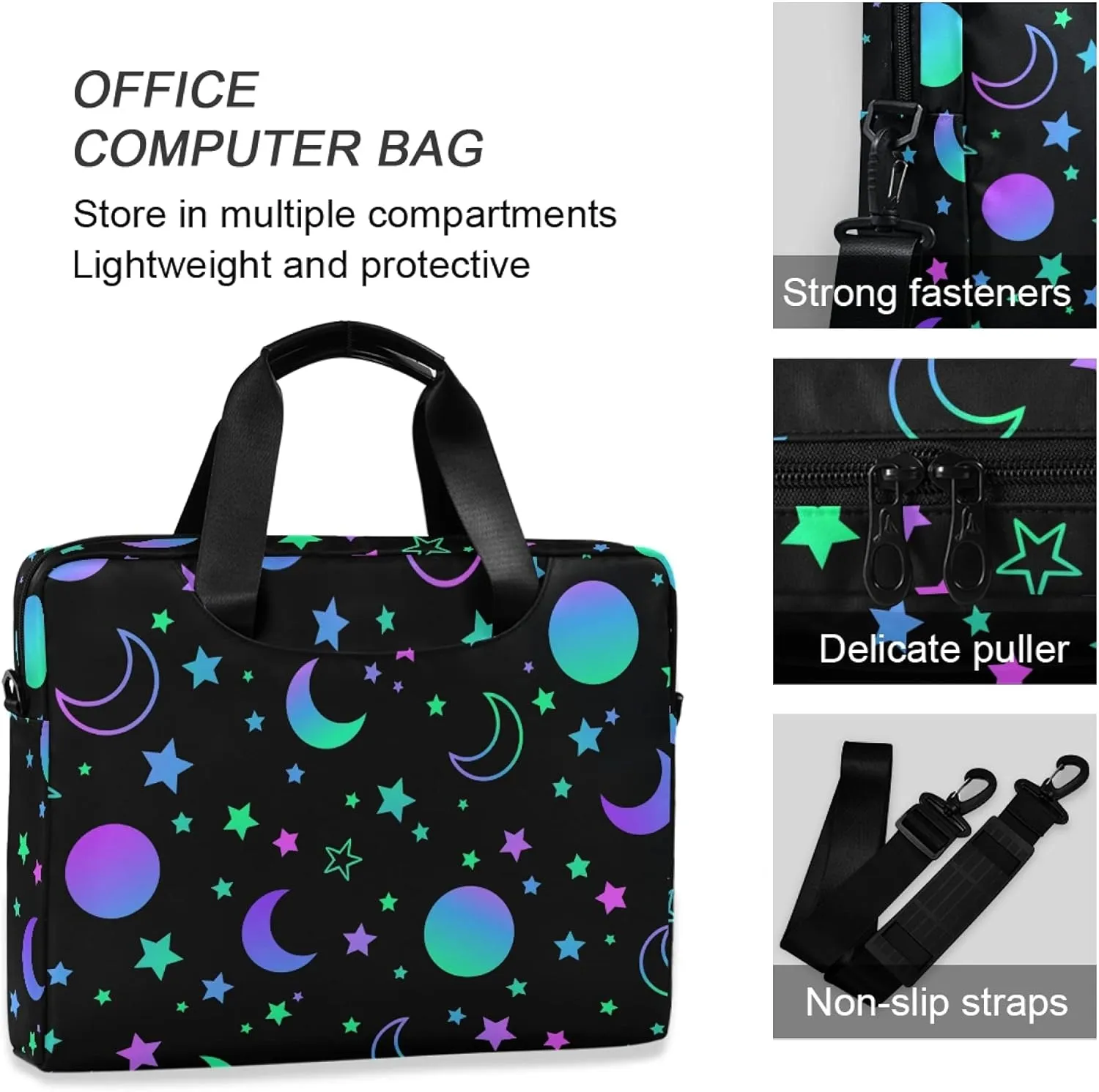 ALAZA Neon Rainbow Sun Moon Stars Laptop Case Bag Sleeve Portable Crossbody Messenger Briefcase w/Strap Handle, 13 14 15.6 inch