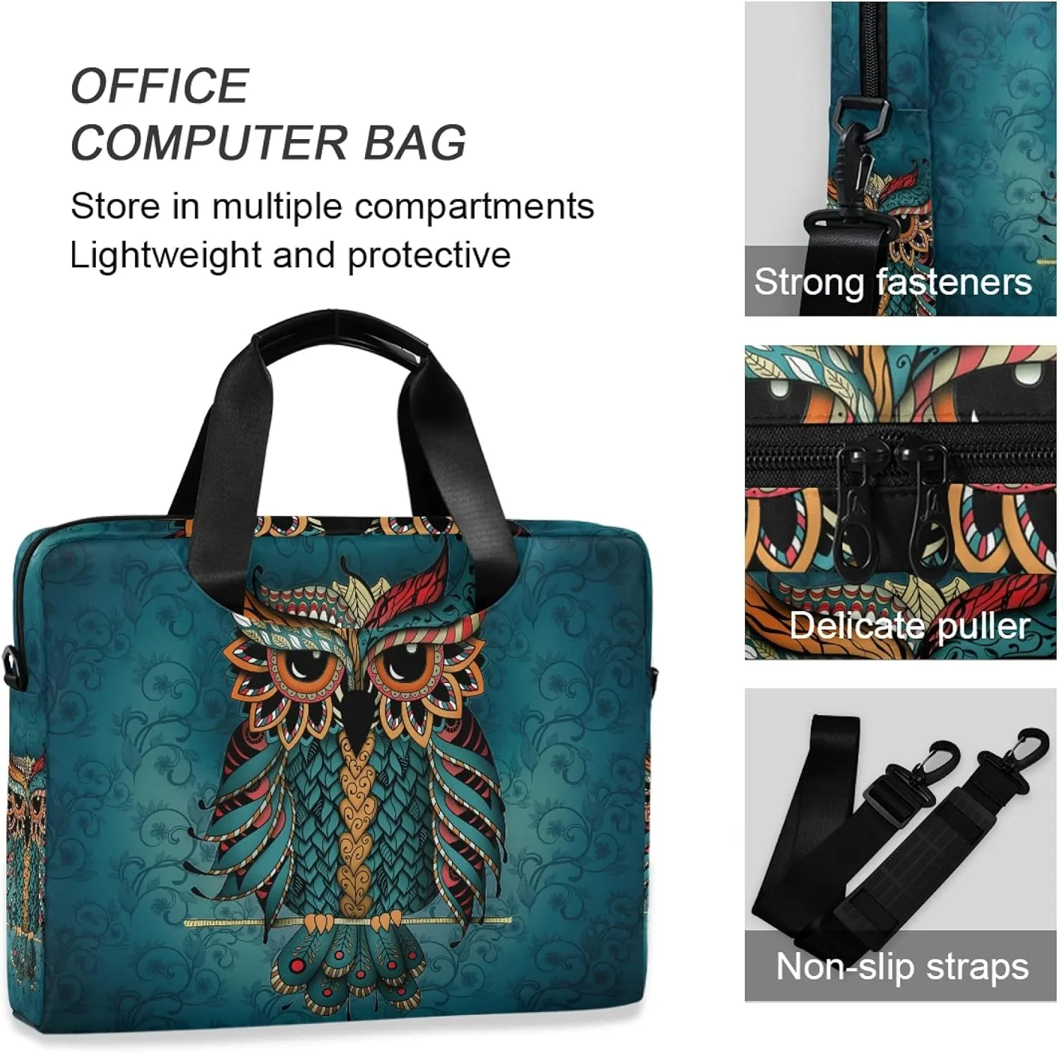 ALAZA Owl Print Boho Ethnic Laptop Case Bag Sleeve Portable Crossbody Messenger Briefcase w/Strap Handle, 13 14 15.6 inch