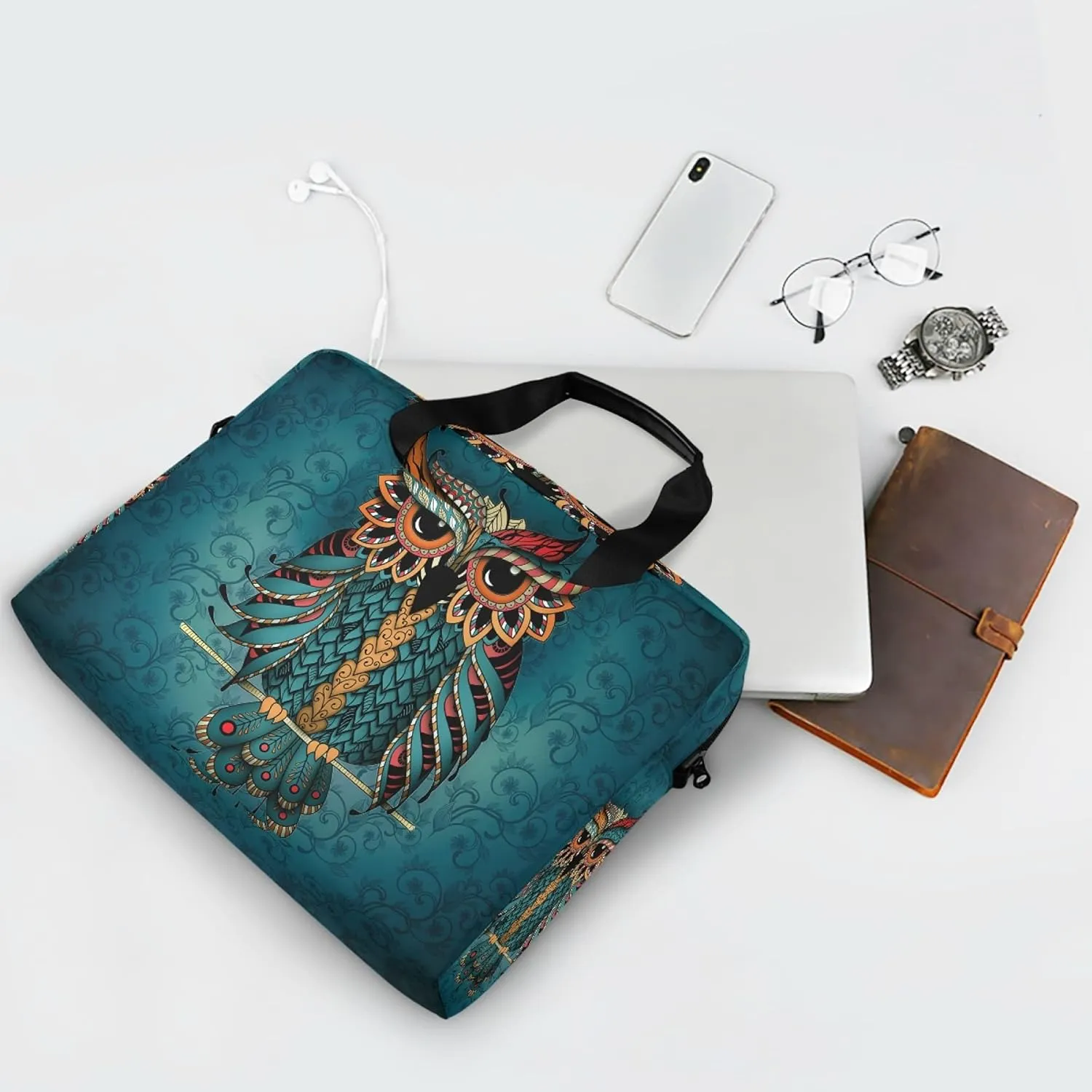 ALAZA Owl Print Boho Ethnic Laptop Case Bag Sleeve Portable Crossbody Messenger Briefcase w/Strap Handle, 13 14 15.6 inch