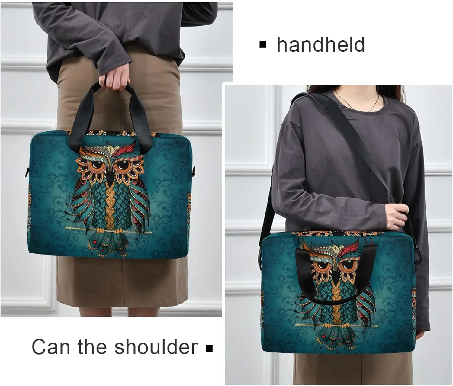 ALAZA Owl Print Boho Ethnic Laptop Case Bag Sleeve Portable Crossbody Messenger Briefcase w/Strap Handle, 13 14 15.6 inch
