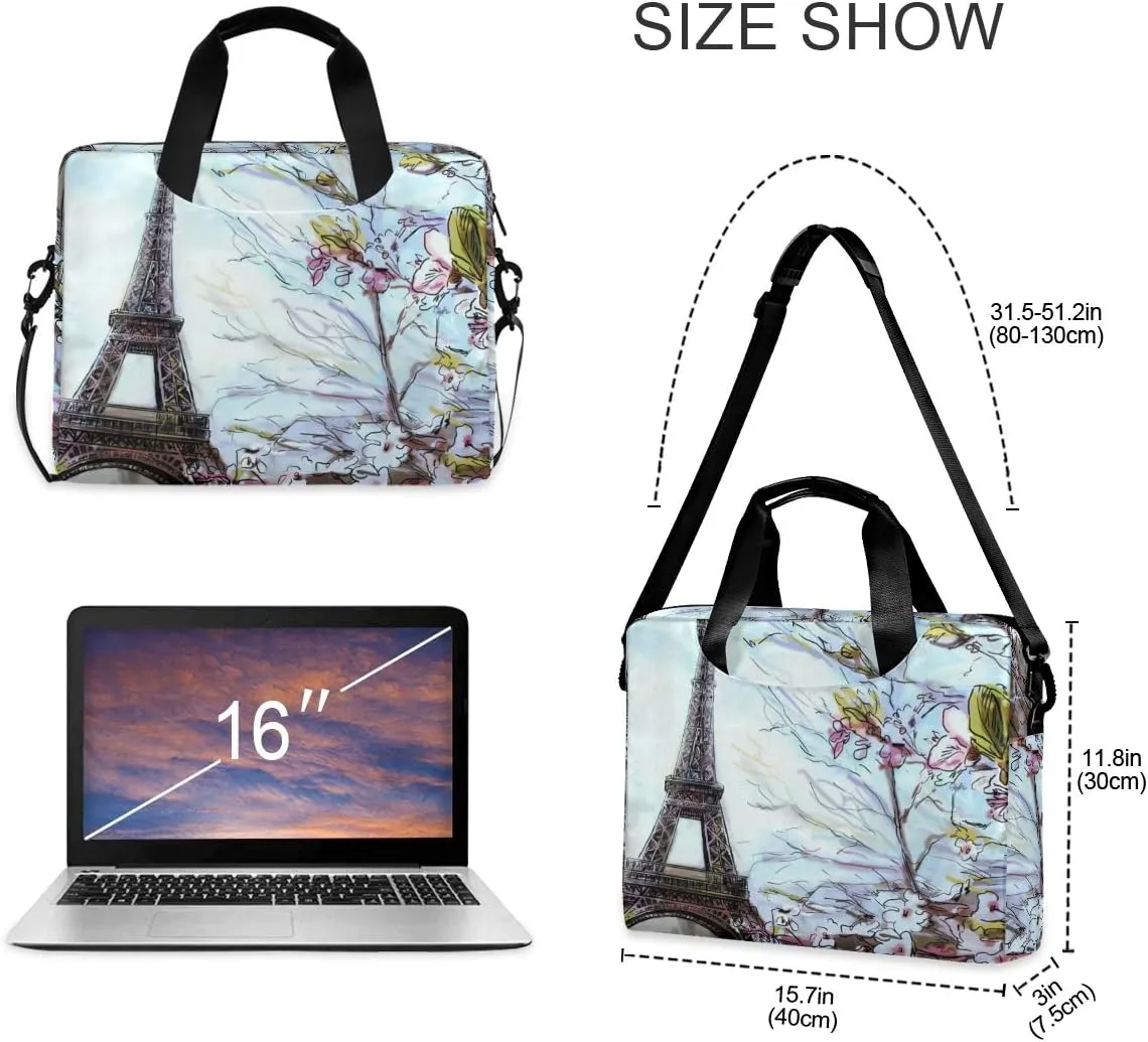 ALAZA Watercolor Eiffel Tower & Flower in Paris Art Laptop Case Bag Sleeve Portable Crossbody Messenger Briefcase w/Strap Handle, 13 14 15.6 inch
