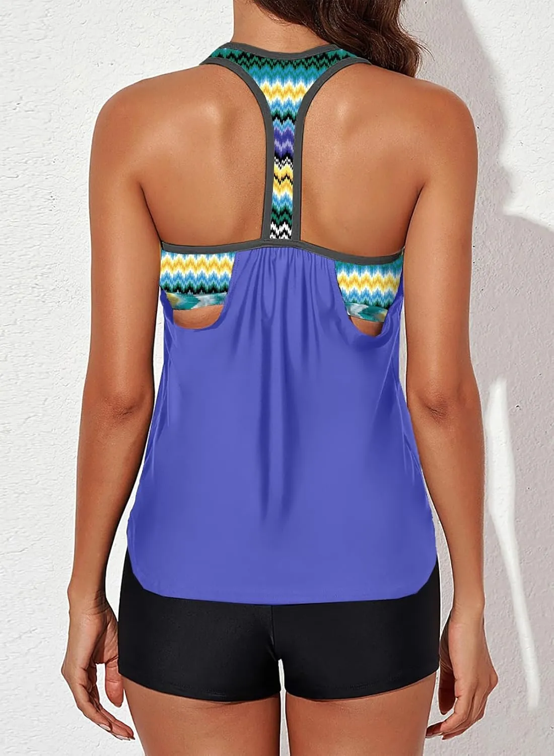 Aleumdr Womens Blouson Striped Printed Push up Strappy T-Back Tankini Top with Shorts(Available in Plus)