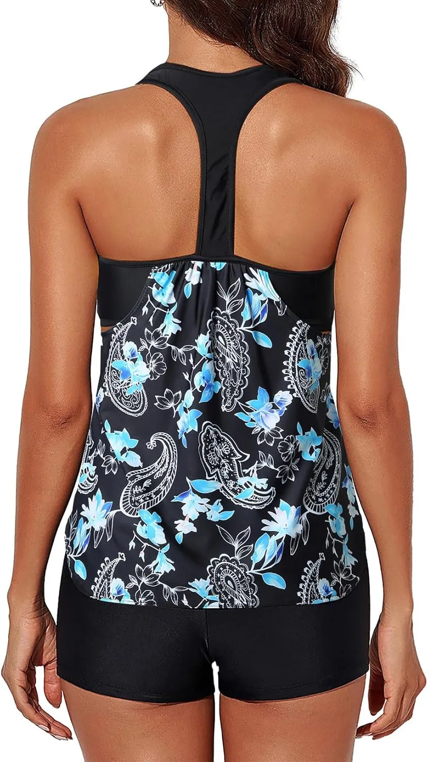 Aleumdr Womens Blouson Striped Printed Push up Strappy T-Back Tankini Top with Shorts(Available in Plus)