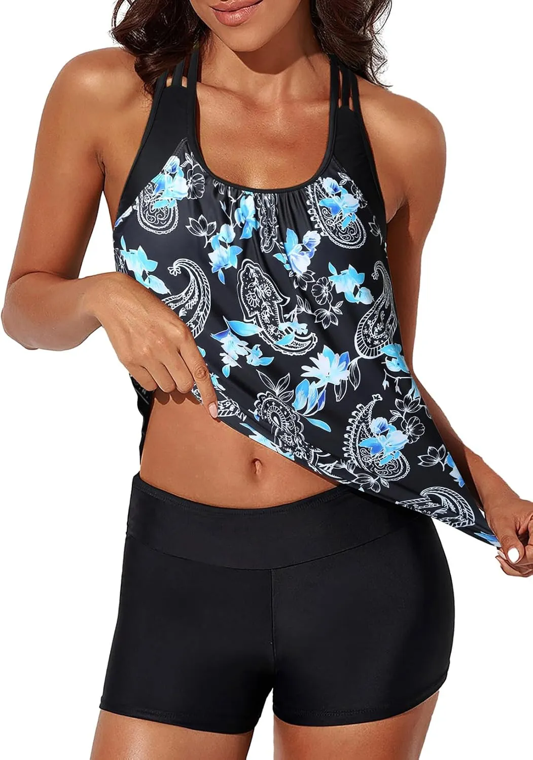 Aleumdr Womens Blouson Striped Printed Push up Strappy T-Back Tankini Top with Shorts(Available in Plus)