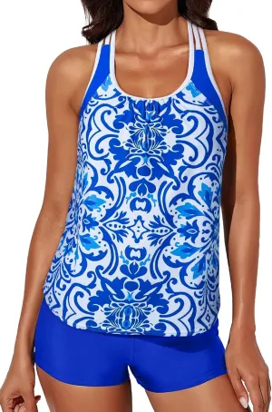 Aleumdr Womens Blouson Striped Printed Push up Strappy T-Back Tankini Top with Shorts(Available in Plus)