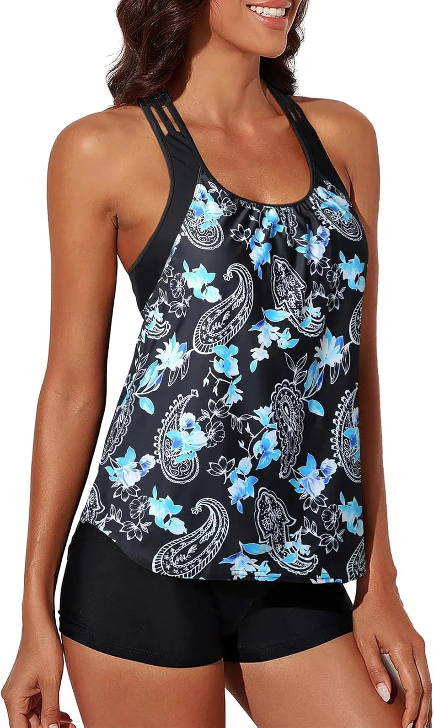 Aleumdr Womens Blouson Striped Printed Push up Strappy T-Back Tankini Top with Shorts(Available in Plus)