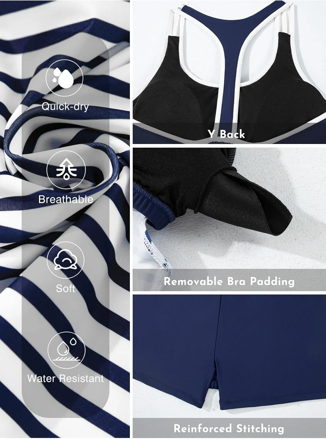 Aleumdr Womens Blouson Striped Printed Push up Strappy T-Back Tankini Top with Shorts(Available in Plus)