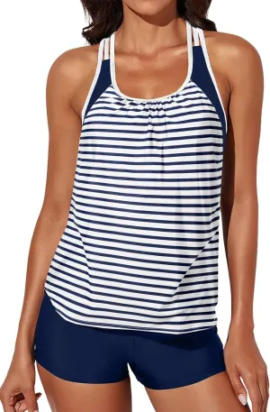 Aleumdr Womens Blouson Striped Printed Push up Strappy T-Back Tankini Top with Shorts(Available in Plus)