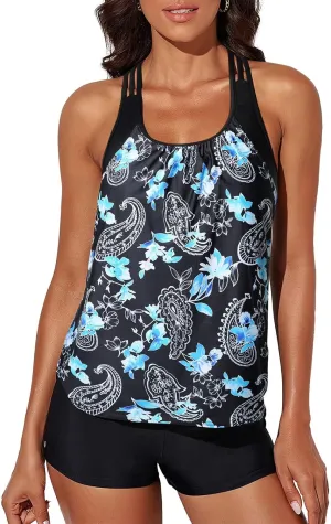 Aleumdr Womens Blouson Striped Printed Push up Strappy T-Back Tankini Top with Shorts(Available in Plus)