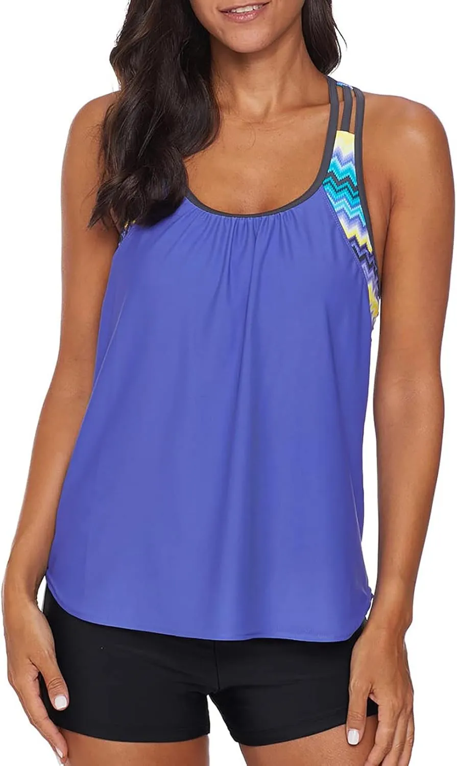 Aleumdr Womens Blouson Striped Printed Push up Strappy T-Back Tankini Top with Shorts(Available in Plus)