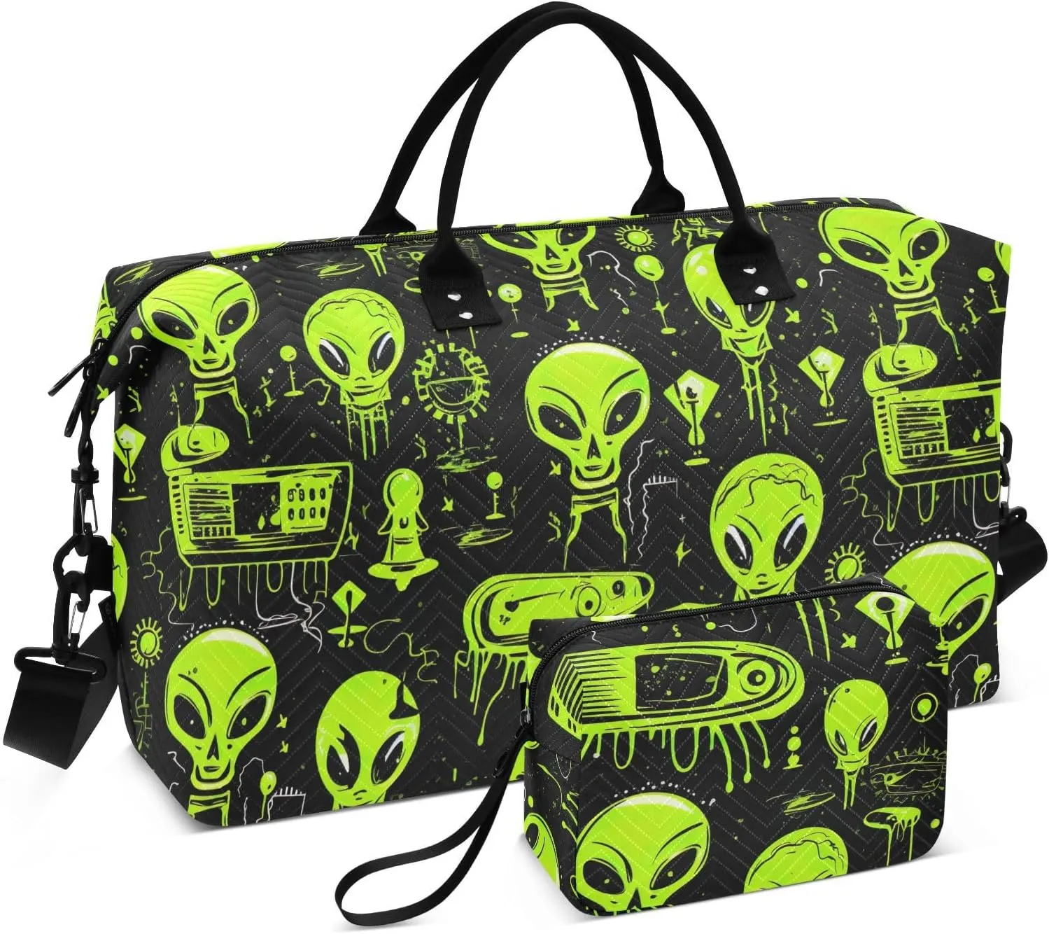 Aliens Black Sports Gym Bag for Women Men Travel Duffel Bag Weekend Overnight Carry on Bag with Toiletry Bag Yoga Bag for Plane Hospital Swimming Yoga Workout