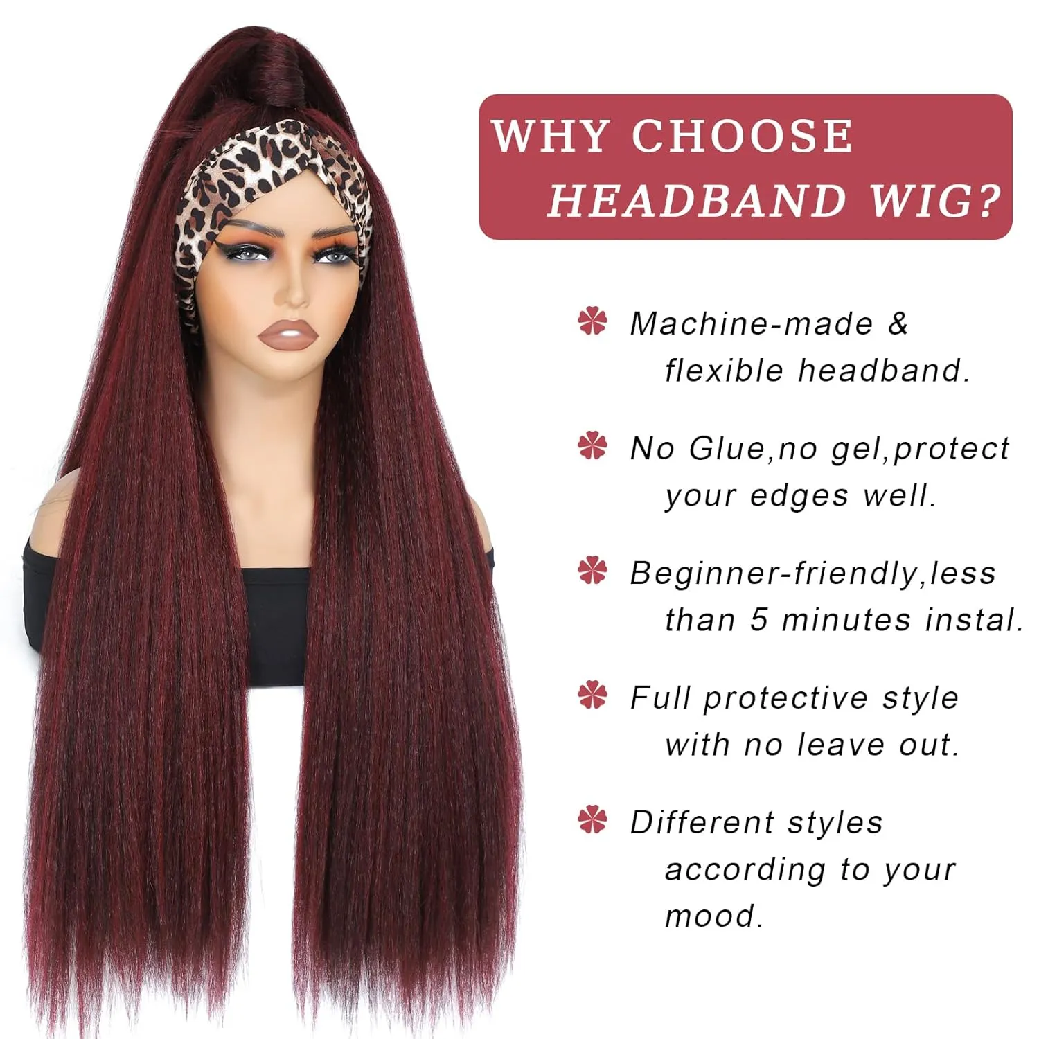 Alileona Headband Wigs for Black Women Kinky Straight Headband Wig, 30Inch Burgundy Headband Wig for Daily Part Use (1B/Burg#)