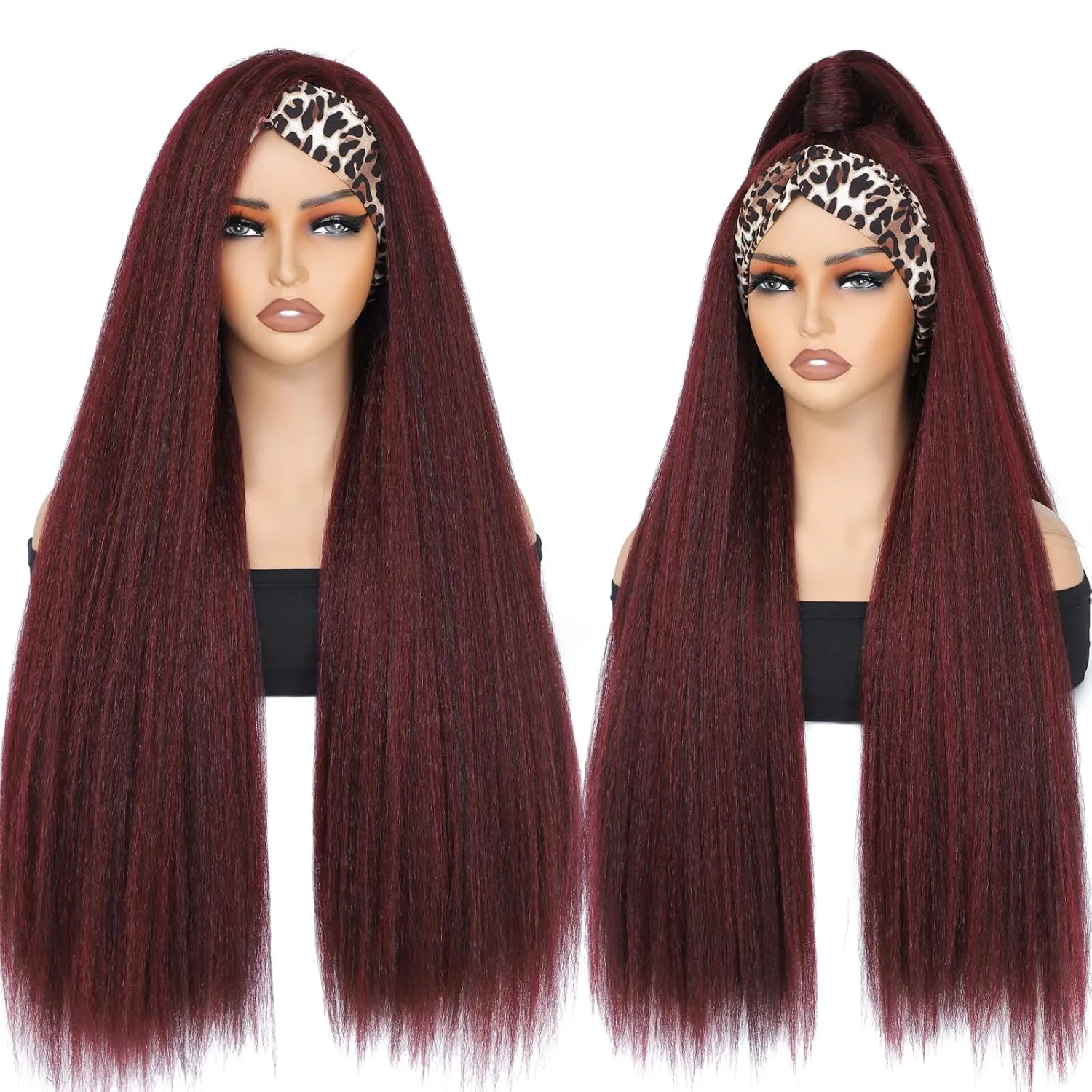 Alileona Headband Wigs for Black Women Kinky Straight Headband Wig, 30Inch Burgundy Headband Wig for Daily Part Use (1B/Burg#)