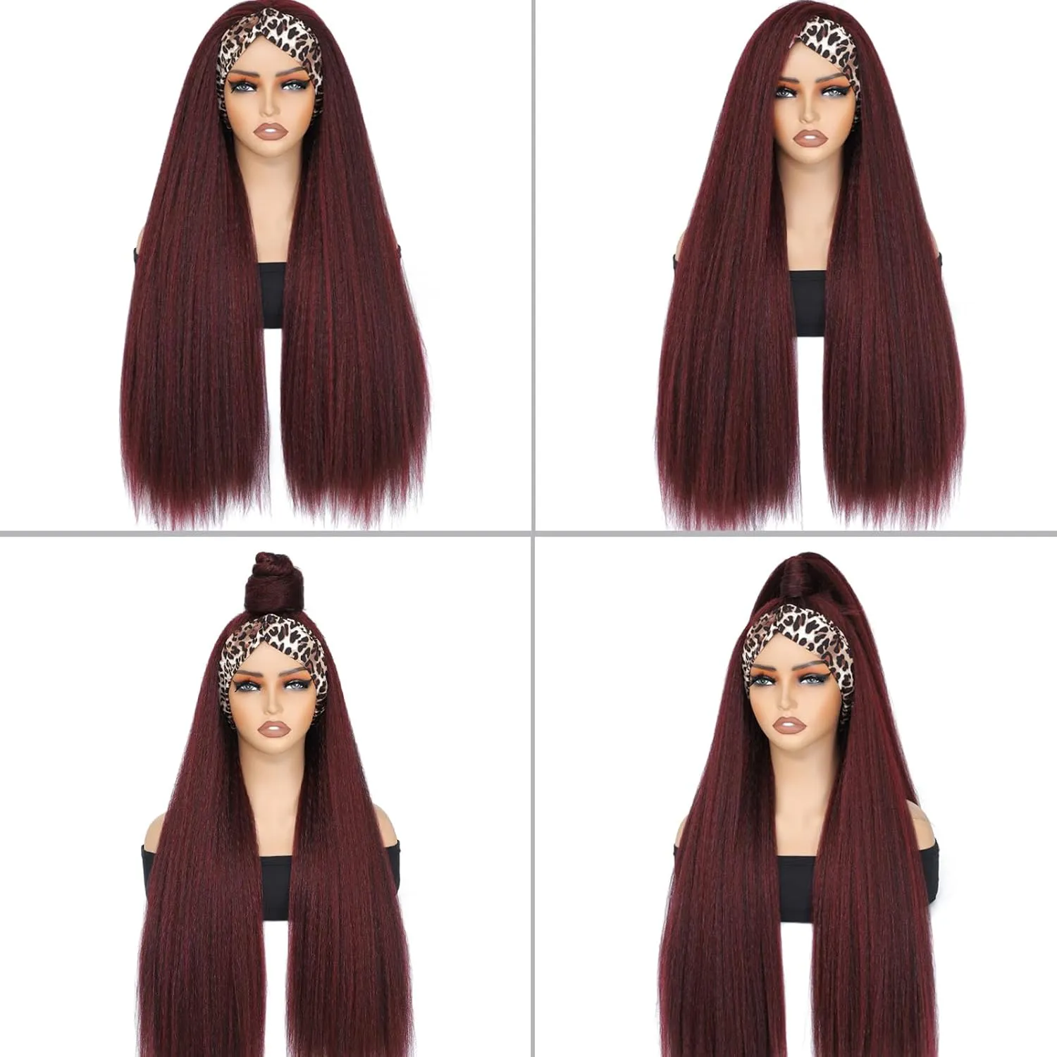 Alileona Headband Wigs for Black Women Kinky Straight Headband Wig, 30Inch Burgundy Headband Wig for Daily Part Use (1B/Burg#)