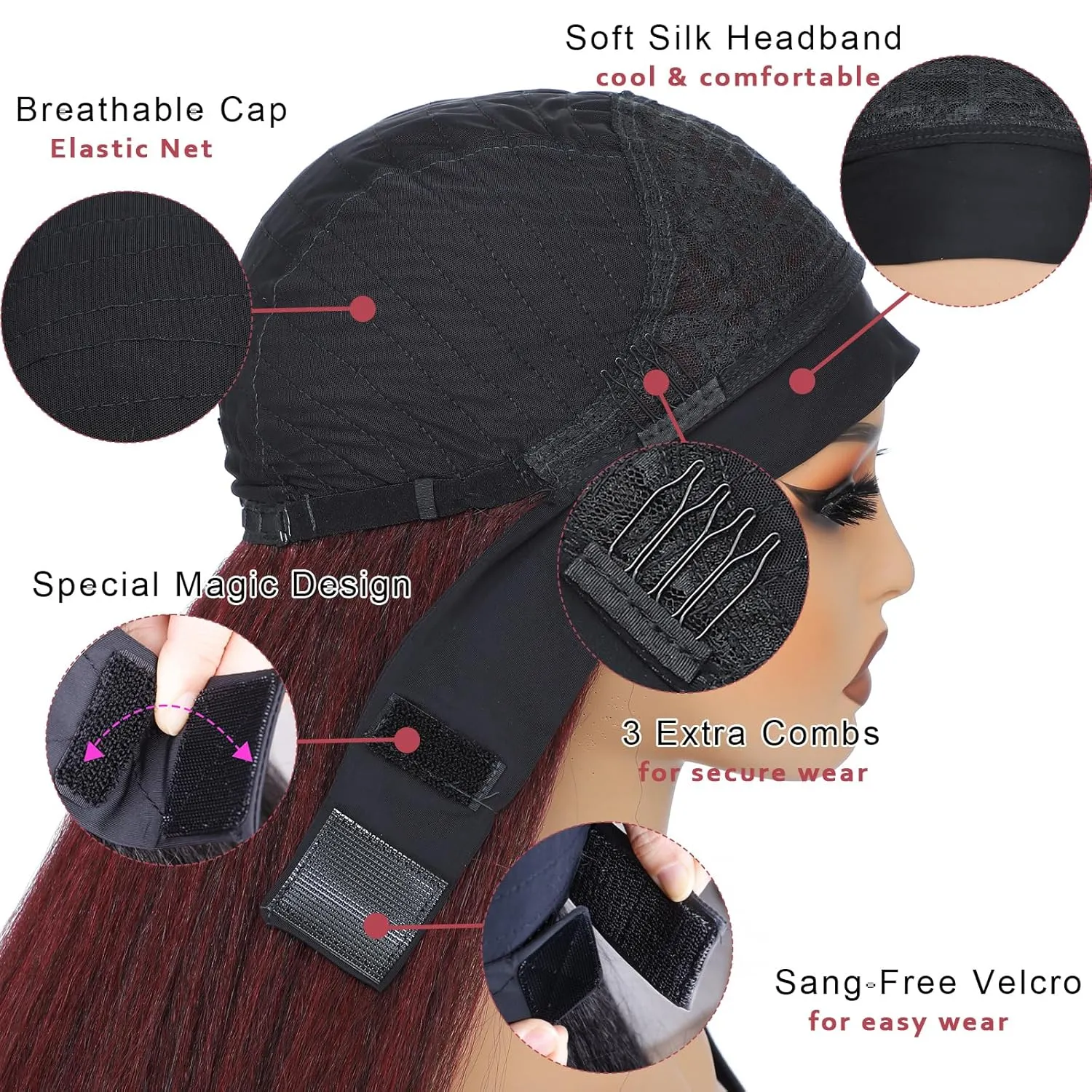 Alileona Headband Wigs for Black Women Kinky Straight Headband Wig, 30Inch Burgundy Headband Wig for Daily Part Use (1B/Burg#)